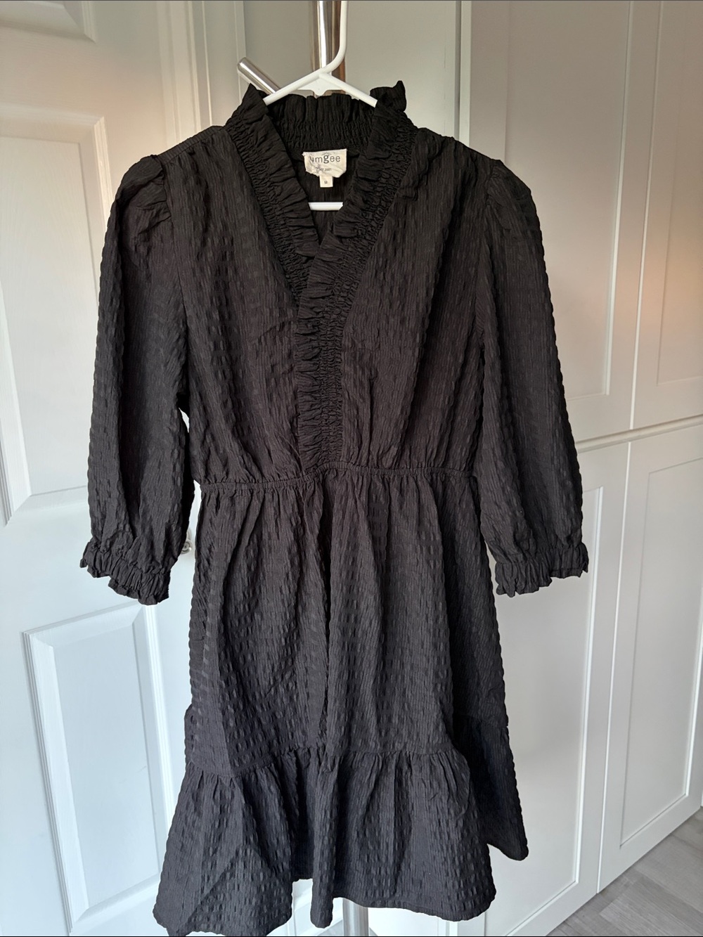 Umgee Black Textured Ruffle V-Neck Dress, Size M.